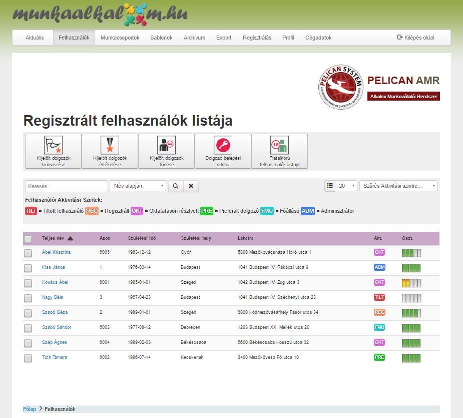 munkavállalói regisztrációs felület