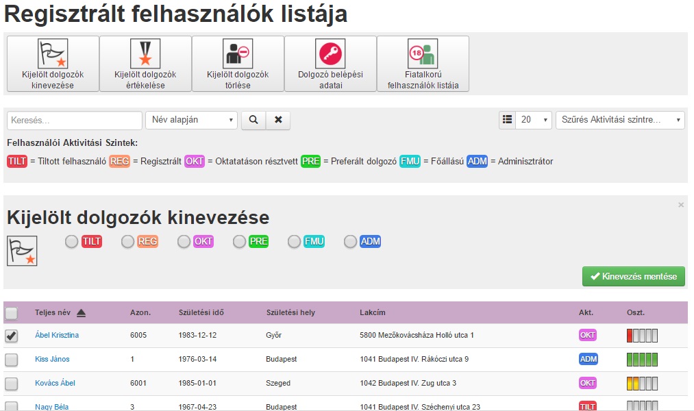 kijelölt dolgozók kinevezése