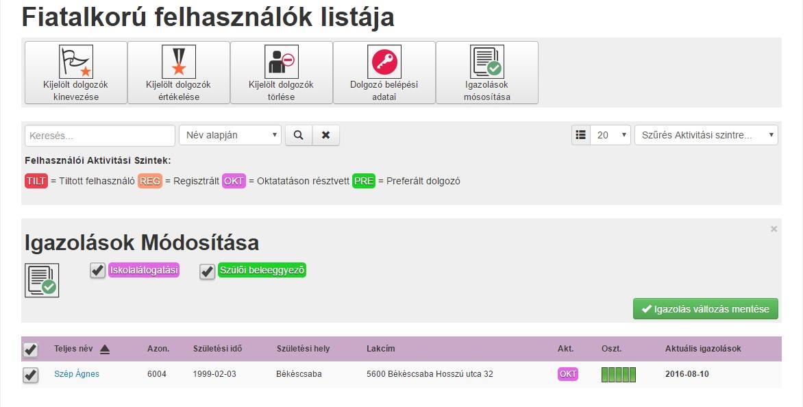 fiatalkorú felhasználók listja