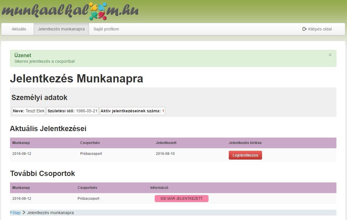 aktuális munkanapra jelentkezései